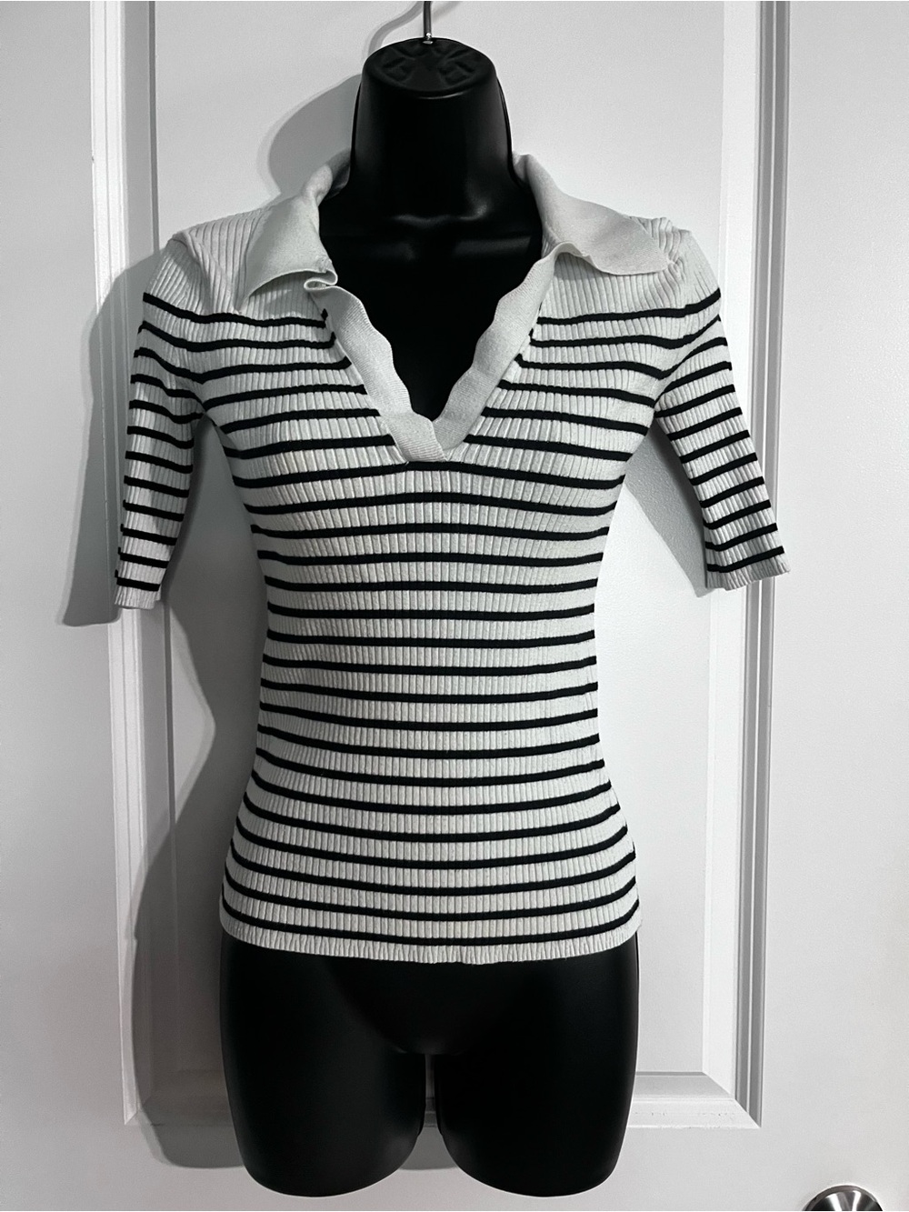 Express White and Black Striped Ribbed Polo Sweater